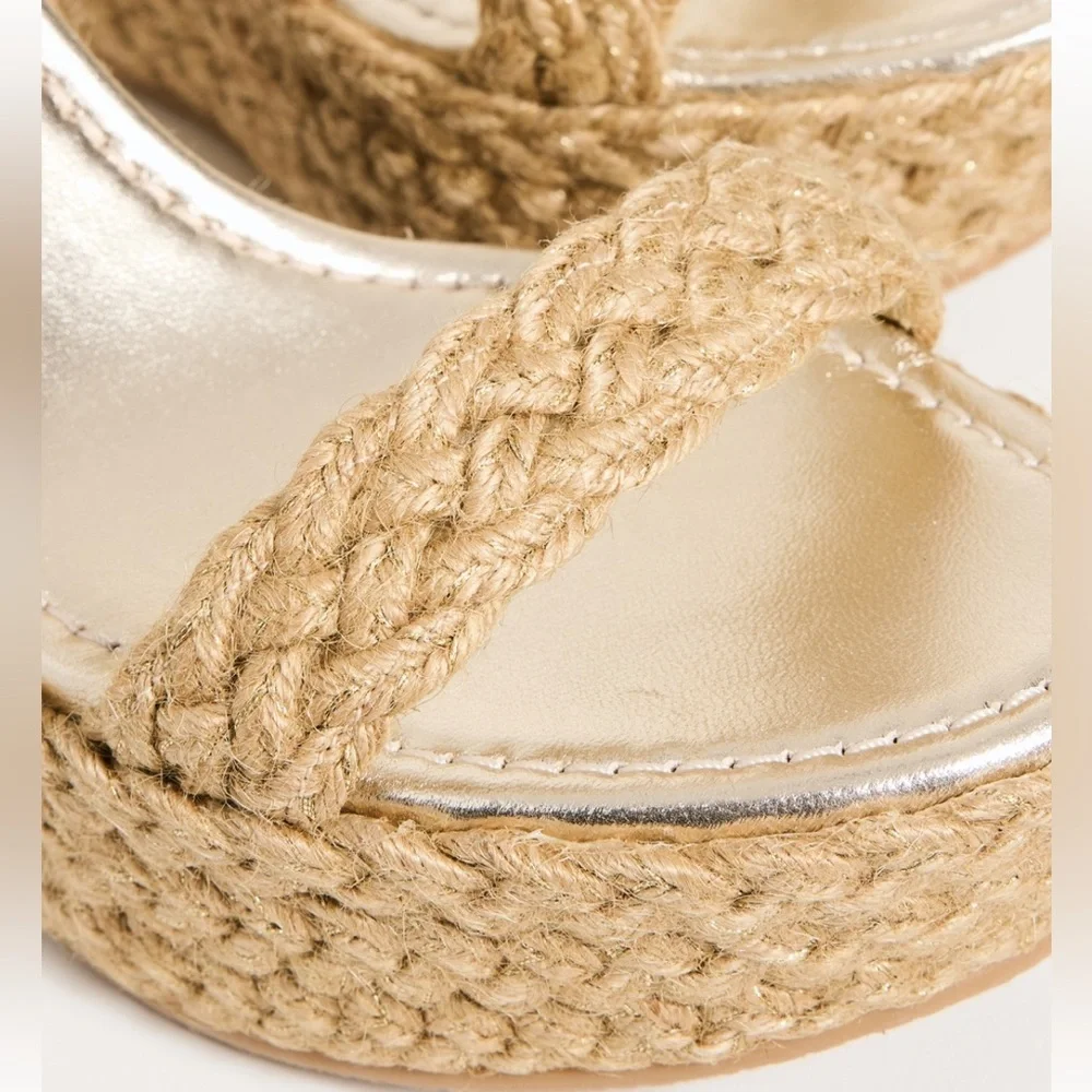 Stuart Weitzman Women’s Brada Strap Gold/Natural Espadrille Wedge Sandals—9.5